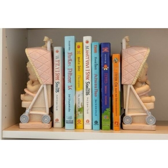 Other - Vtg Baby Stroller Bookends Set Of 2 Hand-Painted Bisque Nursery Décor